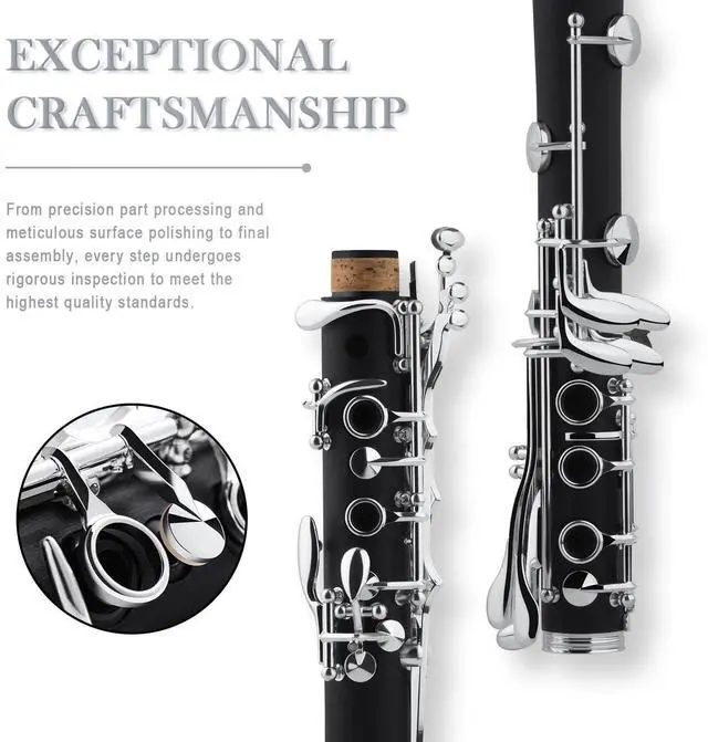 Alt view image 6 of 6 - B Flat Clarinet for Beginner & Student, Nickel-plated Bb Ebonite Clarinet 2 Barrels, Reeds with Cleaning Kit, White Gloves and Hard Case, Black, QCR-01