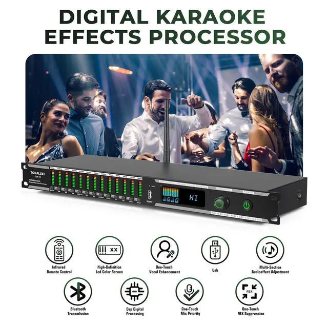 Alt view image 2 of 7 - Digital Karaoke Mixer Audio Processor System with DSP, Professional Pre-Stage Effector Vocal Effects Preamp KTV Equalizer, Anti-Howling Microphone Sound Processor w/USB Bluetooth Optical Audio Input