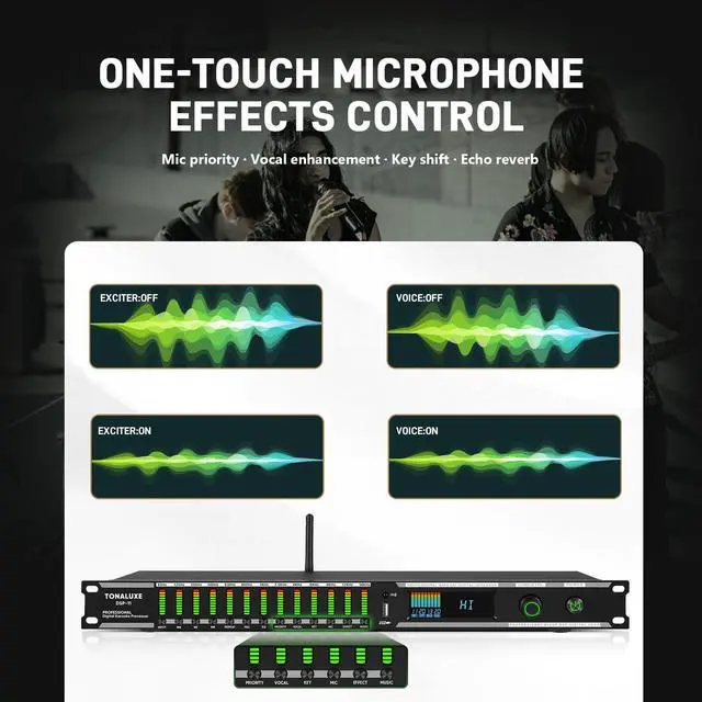 Alt view image 6 of 7 - Digital Karaoke Mixer Audio Processor System with DSP, Professional Pre-Stage Effector Vocal Effects Preamp KTV Equalizer, Anti-Howling Microphone Sound Processor w/USB Bluetooth Optical Audio Input