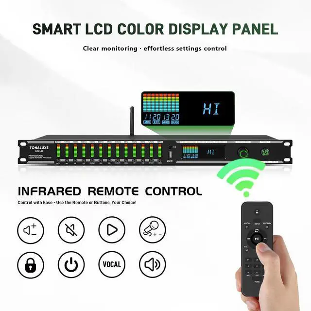 Alt view image 7 of 7 - Digital Karaoke Mixer Audio Processor System with DSP, Professional Pre-Stage Effector Vocal Effects Preamp KTV Equalizer, Anti-Howling Microphone Sound Processor w/USB Bluetooth Optical Audio Input