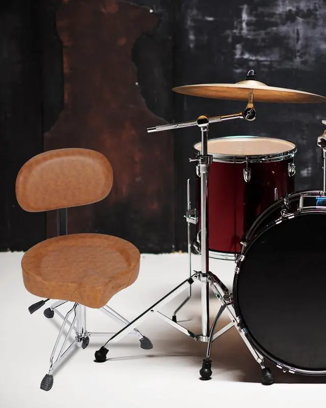 Alt view image 2 of 7 - Hydraulic Drum Throne with Backrest, Saddle Drum Stool, Brown | Adjustable backrest, pneumatic height control, padded saddle seat, reinforced tripod provide stable support up to 440 lb