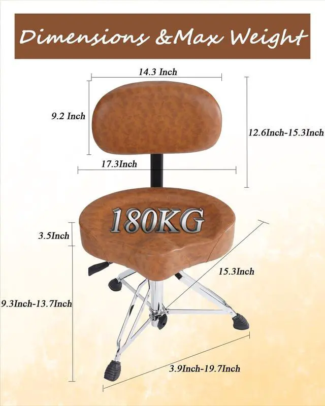 Alt view image 3 of 7 - Hydraulic Drum Throne with Backrest, Saddle Drum Stool, Brown | Adjustable backrest, pneumatic height control, padded saddle seat, reinforced tripod provide stable support up to 440 lb