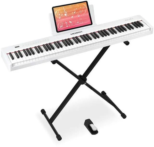 Main image of MOSEN Full Size 88 Key Semi Weighted Digital Piano With Stand For Beginners | 380 Tones, 128 Rhythms, 88 Demo Songs, Dual Keyboard Layout, LED Display, Piano Lessons, Stand & Sustain Pedal, White