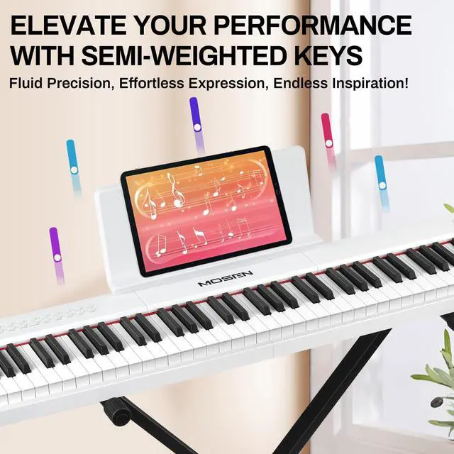 Alt view image 2 of 6 - MOSEN Full Size 88 Key Semi Weighted Digital Piano With Stand For Beginners | 380 Tones, 128 Rhythms, 88 Demo Songs, Dual Keyboard Layout, LED Display, Piano Lessons, Stand & Sustain Pedal, White
