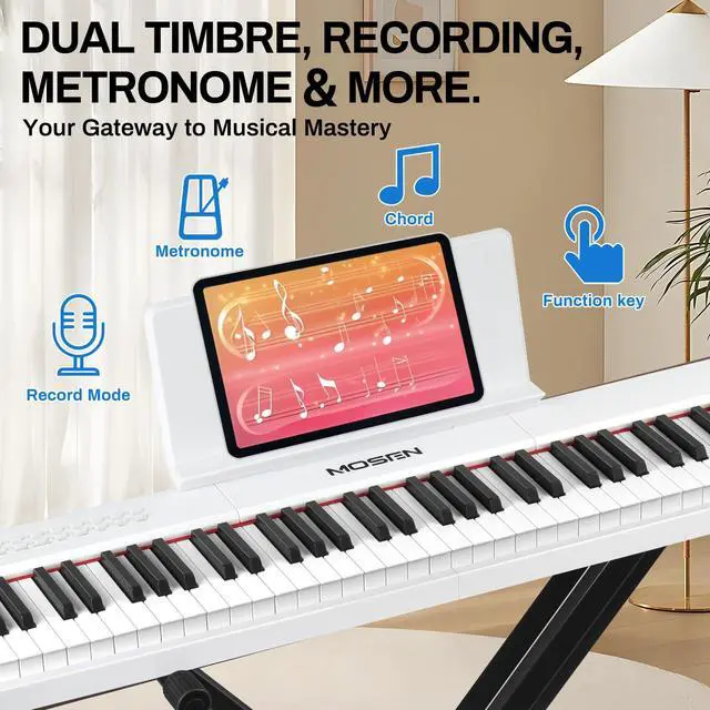 Alt view image 3 of 6 - MOSEN Full Size 88 Key Semi Weighted Digital Piano With Stand For Beginners | 380 Tones, 128 Rhythms, 88 Demo Songs, Dual Keyboard Layout, LED Display, Piano Lessons, Stand & Sustain Pedal, White