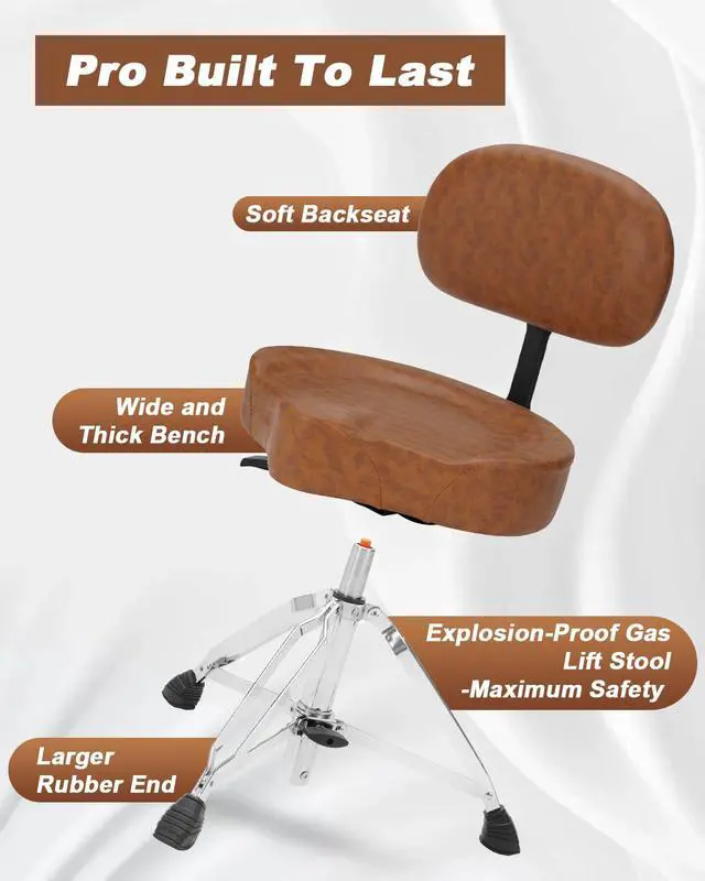 Alt view image 4 of 7 - Hydraulic Drum Throne with Backrest, Saddle Drum Stool, Brown | Adjustable backrest, pneumatic height control, padded saddle seat, reinforced tripod provide stable support up to 440 lb