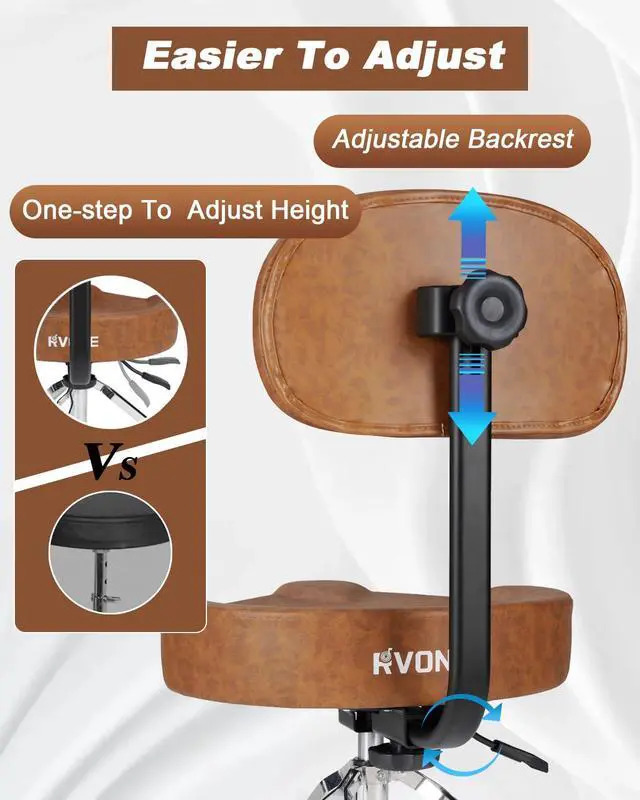 Alt view image 5 of 7 - Hydraulic Drum Throne with Backrest, Saddle Drum Stool, Brown | Adjustable backrest, pneumatic height control, padded saddle seat, reinforced tripod provide stable support up to 440 lb