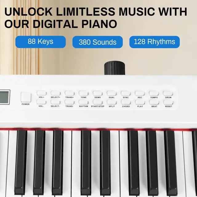 Alt view image 5 of 6 - MOSEN Full Size 88 Key Semi Weighted Digital Piano With Stand For Beginners | 380 Tones, 128 Rhythms, 88 Demo Songs, Dual Keyboard Layout, LED Display, Piano Lessons, Stand & Sustain Pedal, White