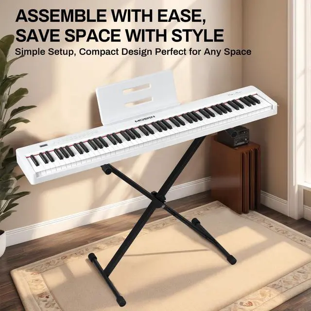 Alt view image 4 of 6 - MOSEN Full Size 88 Key Semi Weighted Digital Piano With Stand For Beginners | 380 Tones, 128 Rhythms, 88 Demo Songs, Dual Keyboard Layout, LED Display, Piano Lessons, Stand & Sustain Pedal, White