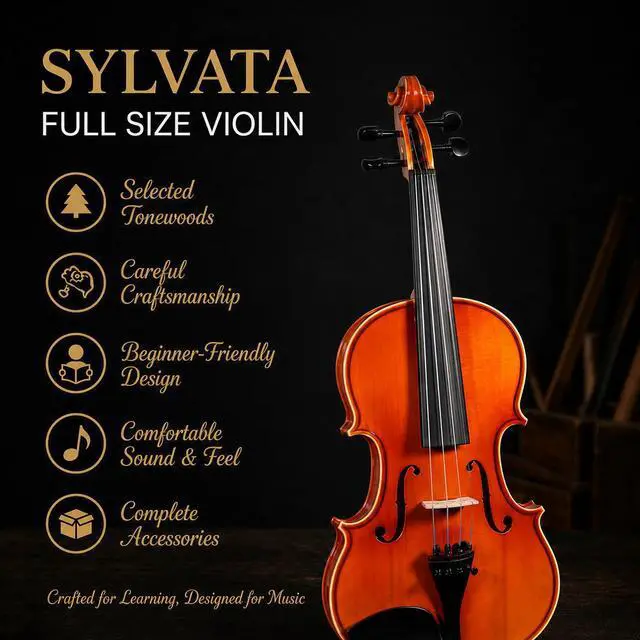 Alt view image 2 of 7 - Handcrafted Solid Wood Violin 4/4 Full Size, Acoustic Fiddle with Gradient Finish, Ebony Fingerboard & Fittings, High-End Full Size Violin Kit with Ebony Bow, Alice Strings, and Deluxe Case
