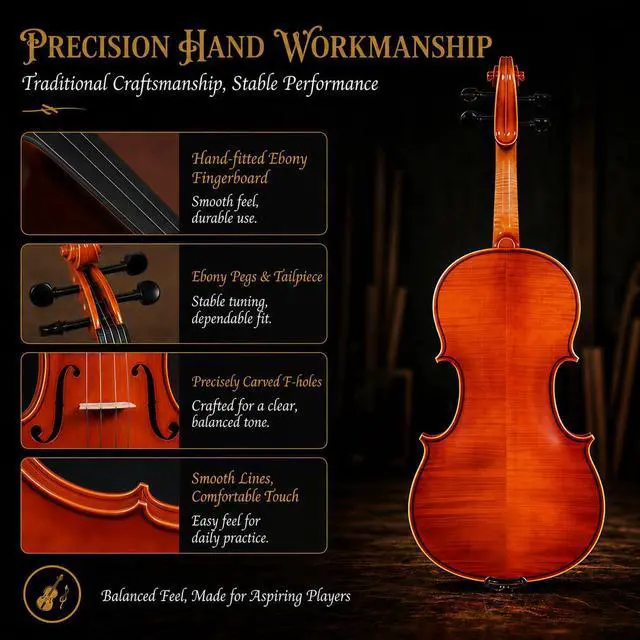 Alt view image 3 of 7 - Handcrafted Solid Wood Violin 4/4 Full Size, Acoustic Fiddle with Gradient Finish, Ebony Fingerboard & Fittings, High-End Full Size Violin Kit with Ebony Bow, Alice Strings, and Deluxe Case