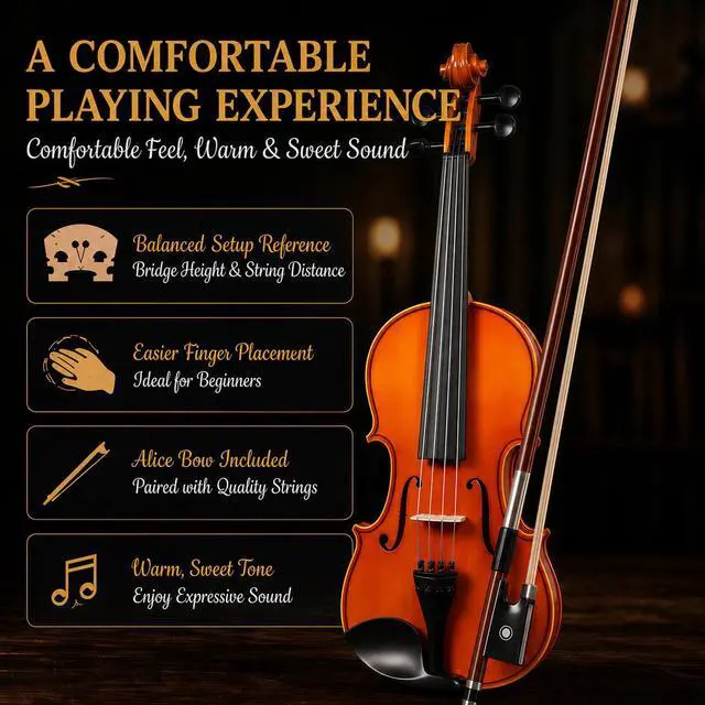 Alt view image 5 of 7 - Handcrafted Solid Wood Violin 4/4 Full Size, Acoustic Fiddle with Gradient Finish, Ebony Fingerboard & Fittings, High-End Full Size Violin Kit with Ebony Bow, Alice Strings, and Deluxe Case