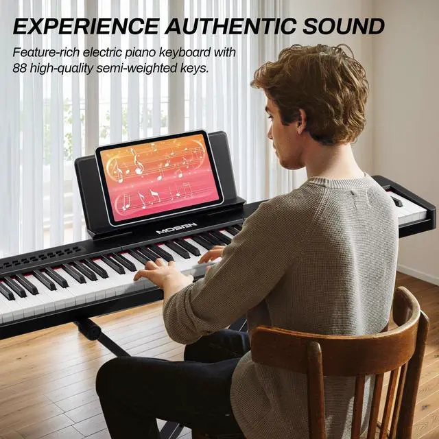 Alt view image 2 of 7 - MOSEN 88 Key Digital Piano, Portable Full Size Semi Weighted for Beginners | 380 Tones, 128 Rhythms, complete kit with X stand & sustain pedal, USB MIDI 88 key electric piano for beginner home use