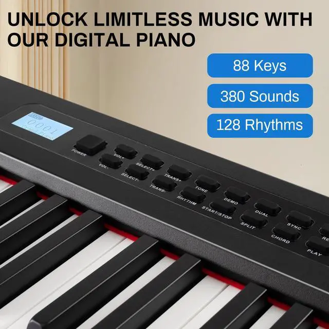Alt view image 3 of 7 - MOSEN 88 Key Digital Piano, Portable Full Size Semi Weighted for Beginners | 380 Tones, 128 Rhythms, complete kit with X stand & sustain pedal, USB MIDI 88 key electric piano for beginner home use