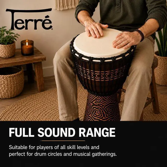Alt view image 4 of 4 - Djembe Standard Line Carved Mahogany Wood with Natural Goat Skin, 24" Tall, 12" Head, Model NK047