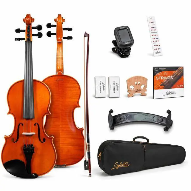 Main image of Handcrafted Solid Wood Violin 4/4 Full Size, Acoustic Fiddle with Gradient Finish, Ebony Fingerboard & Fittings, High-End Full Size Violin Kit with Ebony Bow, Alice Strings, and Deluxe Case