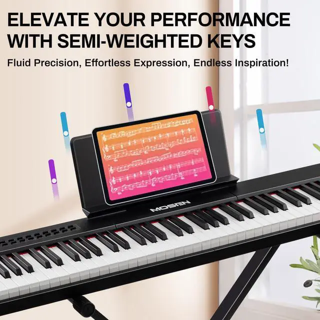 Alt view image 4 of 7 - MOSEN 88 Key Digital Piano, Portable Full Size Semi Weighted for Beginners | 380 Tones, 128 Rhythms, complete kit with X stand & sustain pedal, USB MIDI 88 key electric piano for beginner home use