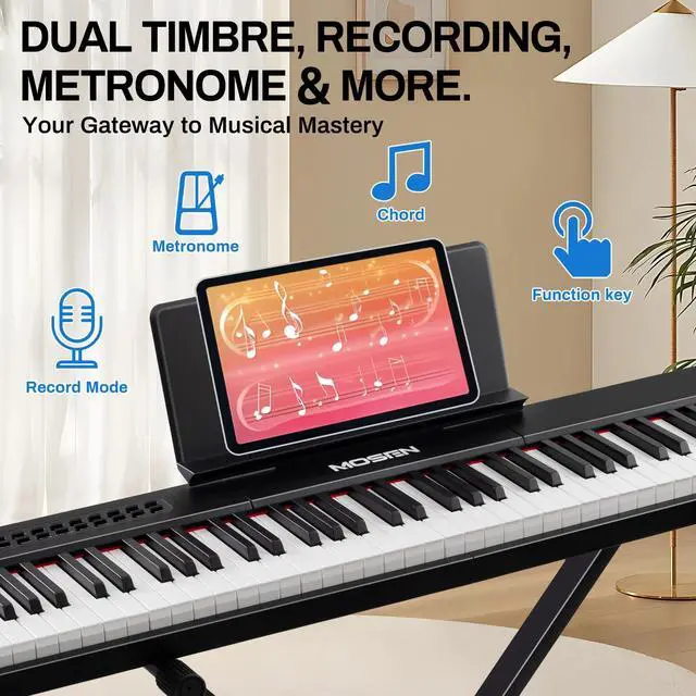 Alt view image 6 of 7 - MOSEN 88 Key Digital Piano, Portable Full Size Semi Weighted for Beginners | 380 Tones, 128 Rhythms, complete kit with X stand & sustain pedal, USB MIDI 88 key electric piano for beginner home use