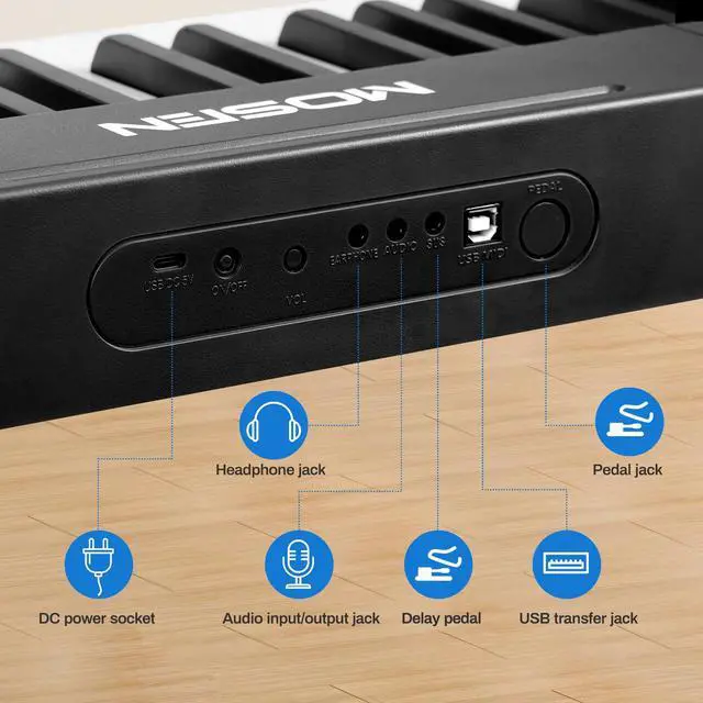 Alt view image 5 of 7 - MOSEN 88 Key Digital Piano, Portable Full Size Semi Weighted for Beginners | 380 Tones, 128 Rhythms, complete kit with X stand & sustain pedal, USB MIDI 88 key electric piano for beginner home use
