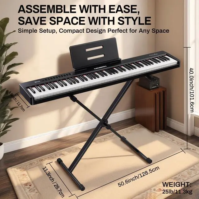 Alt view image 7 of 7 - MOSEN 88 Key Digital Piano, Portable Full Size Semi Weighted for Beginners | 380 Tones, 128 Rhythms, complete kit with X stand & sustain pedal, USB MIDI 88 key electric piano for beginner home use