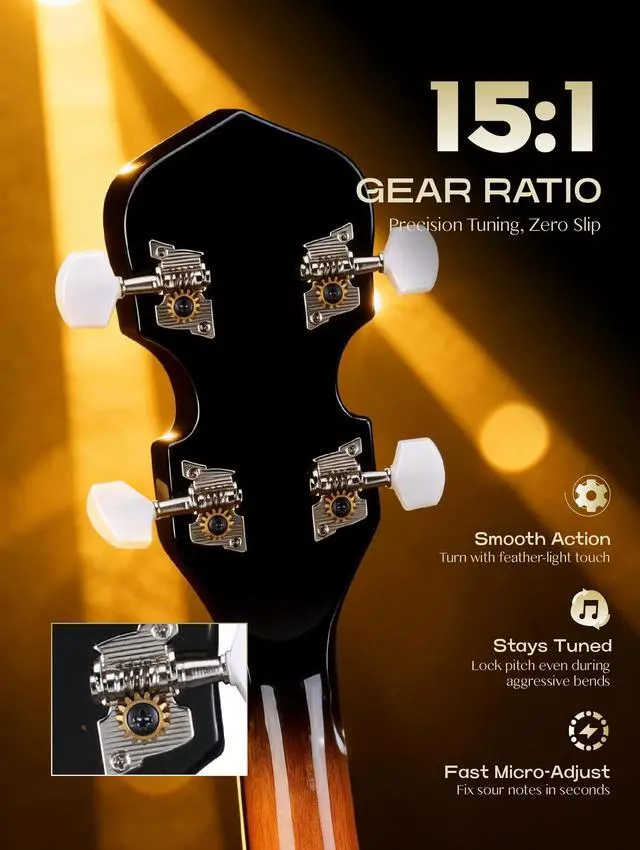 Alt view image 5 of 6 - 5 String Electric Banjo, Full Size 38 inch Geared 5th Tuner | Remo Head & Mahogany Body | Complete Starter Kit + Gig Bag/Tuner | Best Gift for Adult & Teen Beginners