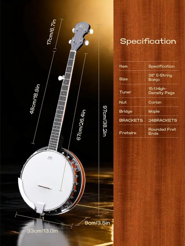Alt view image 6 of 6 - 5 String Electric Banjo, Full Size 38 inch Geared 5th Tuner | Remo Head & Mahogany Body | Complete Starter Kit + Gig Bag/Tuner | Best Gift for Adult & Teen Beginners