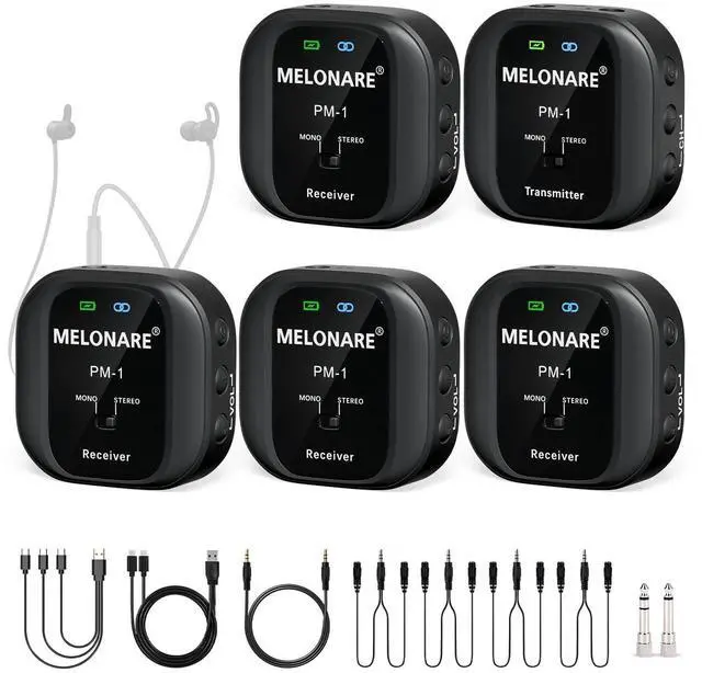 Main image of UHF Wireless IEM System Mono/Stereo Selection PM-1-4R | 1 Beltpack Transmitter & 4 Receivers, 10 Channels, Auto-Pairing, Mono/Stereo Selection, Live Shows, Studio, Bands