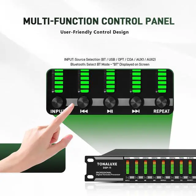 Alt view image 4 of 7 - Digital Karaoke Mixer Audio Processor System with DSP, Professional Pre-Stage Effector Vocal Effects Preamp KTV Equalizer, Anti-Howling Microphone Sound Processor w/USB Bluetooth Optical Audio Input