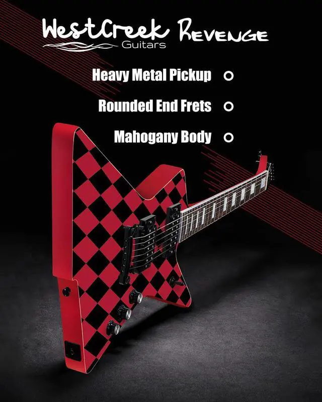 Alt view image 3 of 6 - WestCreek Revenge Solid Body Electric Guitar, Heavy Metal Guitar, Right Handed, Heavy Metal Pickups, Rounded End Jumbo Frets, Bone nut, Rosewood Fretboard, Mahogany Body (Red Checker)