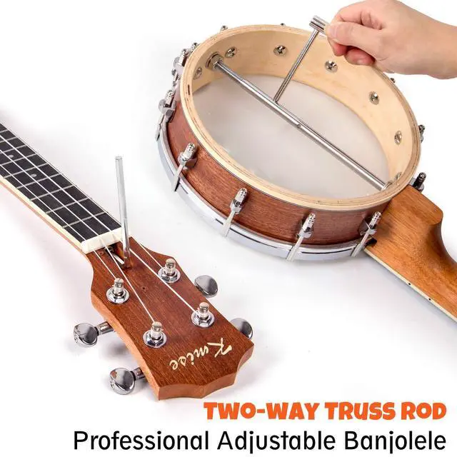 Alt view image 4 of 7 - Tenor Banjolele 4 String Banjo Ukulele 26 inch with Bag Tuner Strap Pickup Ruler Wrench Bridge Brownish Yellow