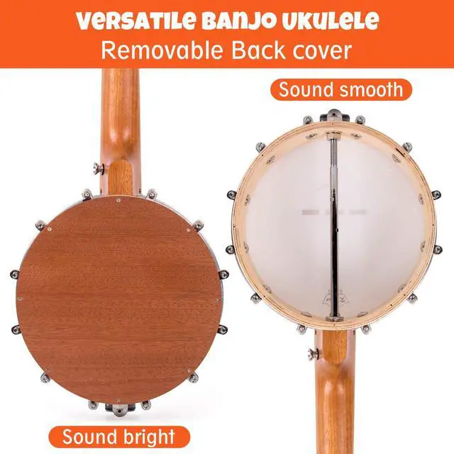 Alt view image 5 of 7 - Tenor Banjolele 4 String Banjo Ukulele 26 inch with Bag Tuner Strap Pickup Ruler Wrench Bridge Brownish Yellow