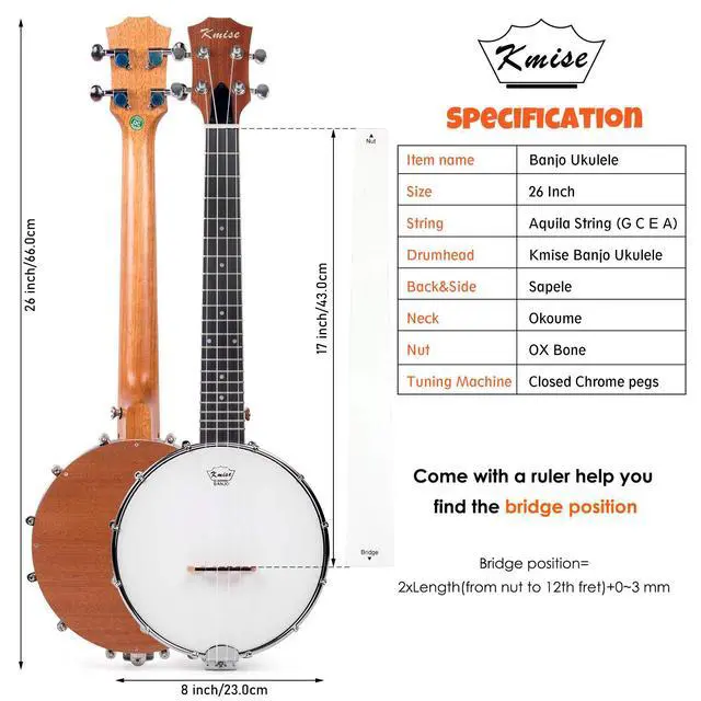 Alt view image 6 of 7 - Tenor Banjolele 4 String Banjo Ukulele 26 inch with Bag Tuner Strap Pickup Ruler Wrench Bridge Brownish Yellow