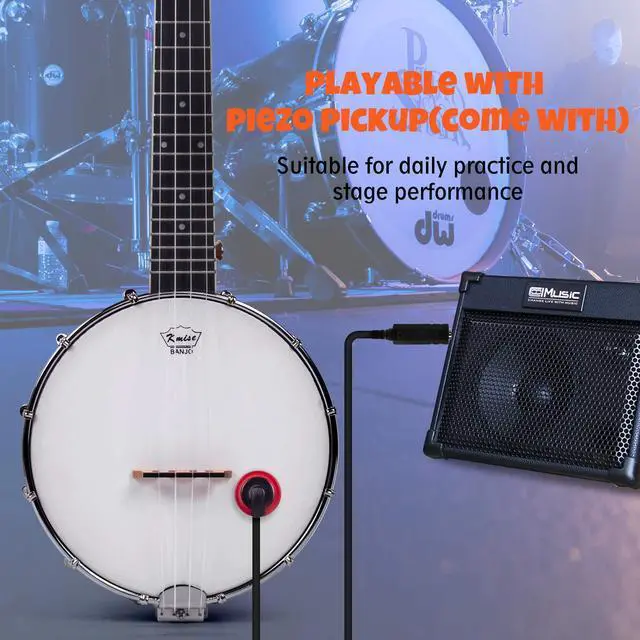 Alt view image 7 of 7 - Tenor Banjolele 4 String Banjo Ukulele 26 inch with Bag Tuner Strap Pickup Ruler Wrench Bridge Brownish Yellow