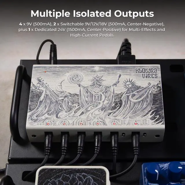 Alt view image 2 of 7 - Vires Dual-Isolated Guitar Pedal Power Supply, Multi-Voltage 9V 12V 18V & 24V, Ultra-Low Noise Power Station for Digital Multi-Effects, 100-240V Global Ready