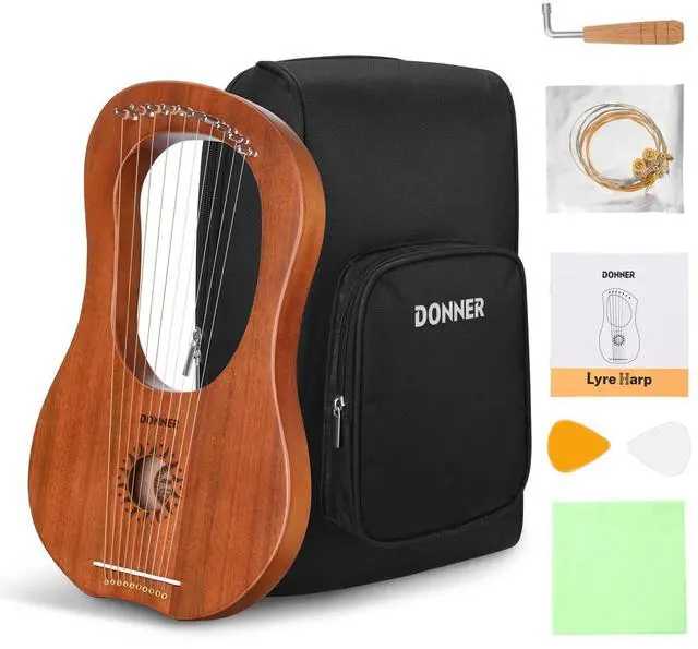 Main image of Lyre Harp, 10 Metal Strings, Mahogany Body and Bone Saddle DLH-002 Lyre Harp for Beginner Kids with Tuning Wrench, Spare String Set, Black Gig Bag, Manual, Ancient Greece Style