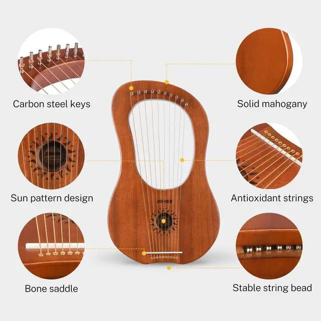 Alt view image 2 of 7 - Lyre Harp, 10 Metal Strings, Mahogany Body and Bone Saddle DLH-002 Lyre Harp for Beginner Kids with Tuning Wrench, Spare String Set, Black Gig Bag, Manual, Ancient Greece Style