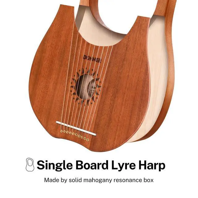 Alt view image 5 of 7 - Lyre Harp, 10 Metal Strings, Mahogany Body and Bone Saddle DLH-002 Lyre Harp for Beginner Kids with Tuning Wrench, Spare String Set, Black Gig Bag, Manual, Ancient Greece Style