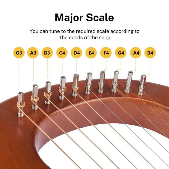 Alt view image 4 of 7 - Lyre Harp, 10 Metal Strings, Mahogany Body and Bone Saddle DLH-002 Lyre Harp for Beginner Kids with Tuning Wrench, Spare String Set, Black Gig Bag, Manual, Ancient Greece Style