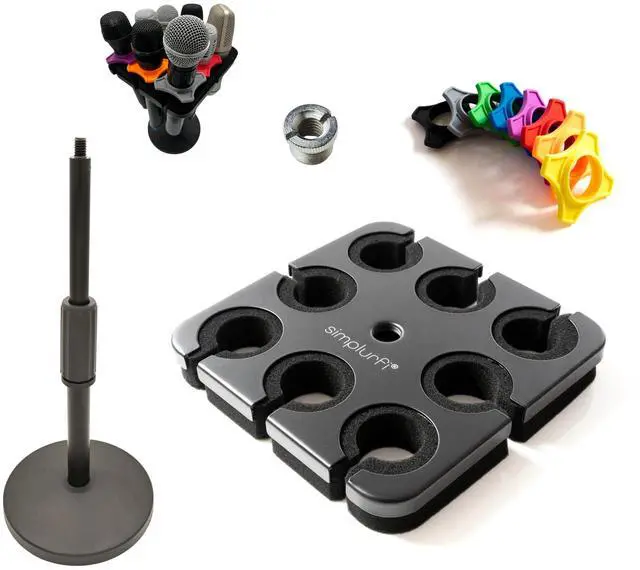Main image of Multi Microphone Holder with desktop Mic Stand - Square Tray Attachment holds up to 8 mics On Stage Organizer and Display - 8 Anti-roll Rings Included