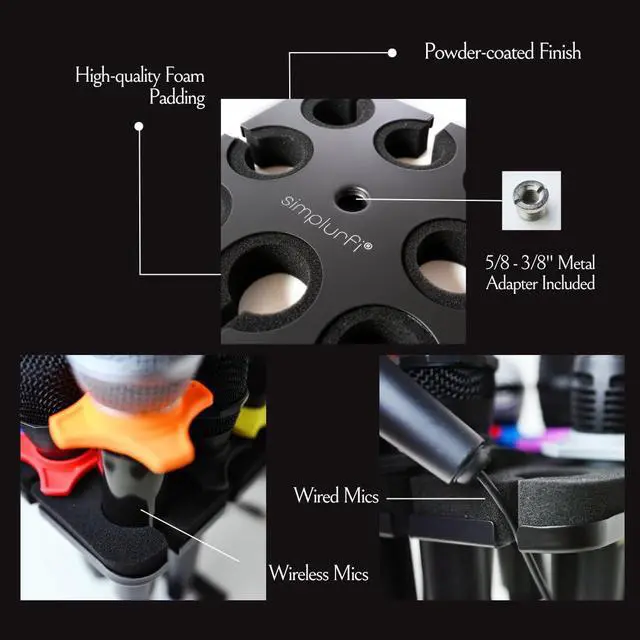 Alt view image 4 of 6 - Multi Microphone Holder with desktop Mic Stand - Square Tray Attachment holds up to 8 mics On Stage Organizer and Display - 8 Anti-roll Rings Included