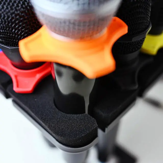 Alt view image 3 of 6 - Multi Microphone Holder with desktop Mic Stand - Square Tray Attachment holds up to 8 mics On Stage Organizer and Display - 8 Anti-roll Rings Included