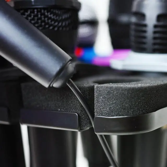 Alt view image 2 of 6 - Multi Microphone Holder with desktop Mic Stand - Square Tray Attachment holds up to 8 mics On Stage Organizer and Display - 8 Anti-roll Rings Included