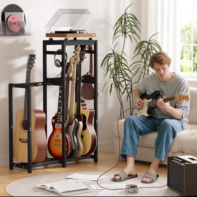 Alt view image 6 of 7 - Guitar Stand, Guitar Rack for Acoustic, Bass, Electric Guitar, Multi Guitar Display Stand Adjustable Bamboo Guitars Holder, Multiple Guitar Stands Floor, for Home Music Studio, Black