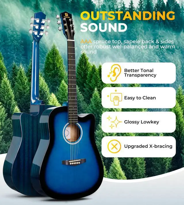 Alt view image 2 of 7 - 41" Acoustic Guitar Beginner Kit Sitka Spruce Top for Adults, Glossy Blue | Dreadnought Cutaway, Sapele Back & Sides, Low-action Neck, 18:1 Sealed Tuners, Padded Gig Bag, Complete Starter Bundle