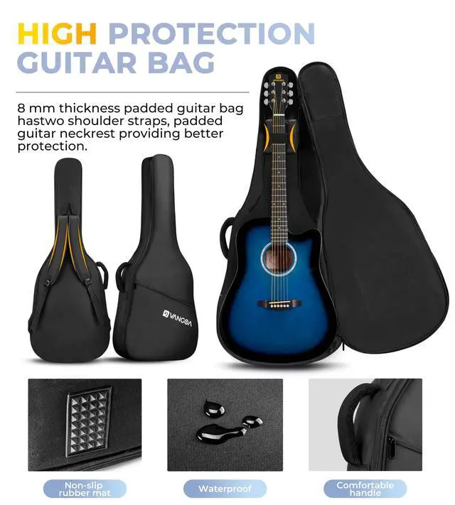 Alt view image 4 of 7 - 41" Acoustic Guitar Beginner Kit Sitka Spruce Top for Adults, Glossy Blue | Dreadnought Cutaway, Sapele Back & Sides, Low-action Neck, 18:1 Sealed Tuners, Padded Gig Bag, Complete Starter Bundle