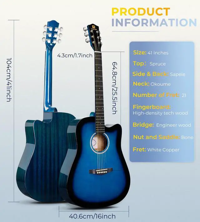 Alt view image 6 of 7 - 41" Acoustic Guitar Beginner Kit Sitka Spruce Top for Adults, Glossy Blue | Dreadnought Cutaway, Sapele Back & Sides, Low-action Neck, 18:1 Sealed Tuners, Padded Gig Bag, Complete Starter Bundle