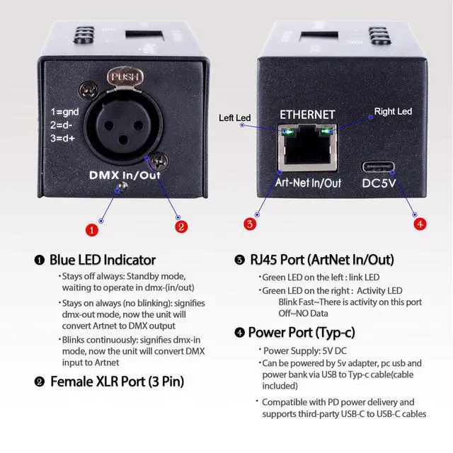 Alt view image 3 of 7 - ArtNet DMX Ethernet Lighting Controller Interface, 3-Pin XLR, 1-Universe Bi-directional Art-Net to DMX512 Node (No RDM)