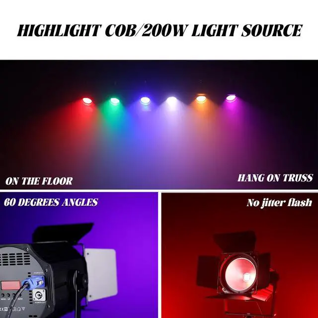 Alt view image 3 of 7 - COB Stage Lights with Barn Doors, COB Par Light 200W LED RGBWAUV DMX512 Master-Slave Sound DJ Lighting Spotlight Fresnel for Church Concert Wedding