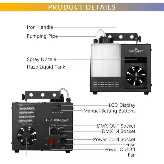 Alt view image 6 of 7 - 500W DMX Haze Machine, Wireless Remote Continuous Stage Hazer | Portable Hazer with 3 Control Modes, Quick Heating, Creates Atmosphere for Club, Party, Wedding & Stage Lighting Effects