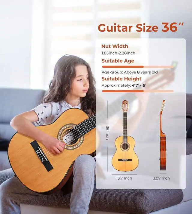 Alt view image 4 of 7 - Classical Guitar 3/4 Inch Acoustic Classical Guitar, 36 Inch Junior Size Nylon String Guitar Bundle Kit for Beginner Teens, Cedar Top
